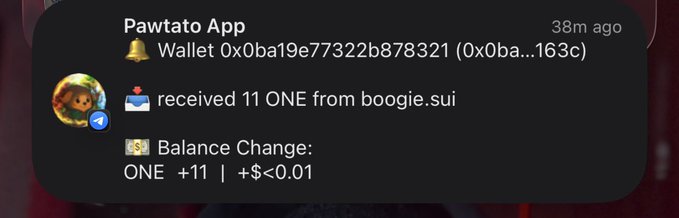 A Pawtato App notification indicating a received transaction of 11 ONE tokens from boogie.sui.