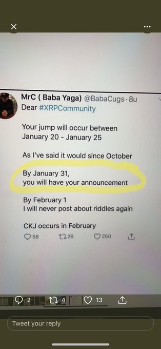 A tweet screenshot from 'MrC ( Baba Yaga ) @BabaCugs · 8u' addressed to '#XRPCommunity' saying 'Dear... Your jump will occur between January 20 - January 25... By January 31, you will have your announcement' with the date circled in yellow.
