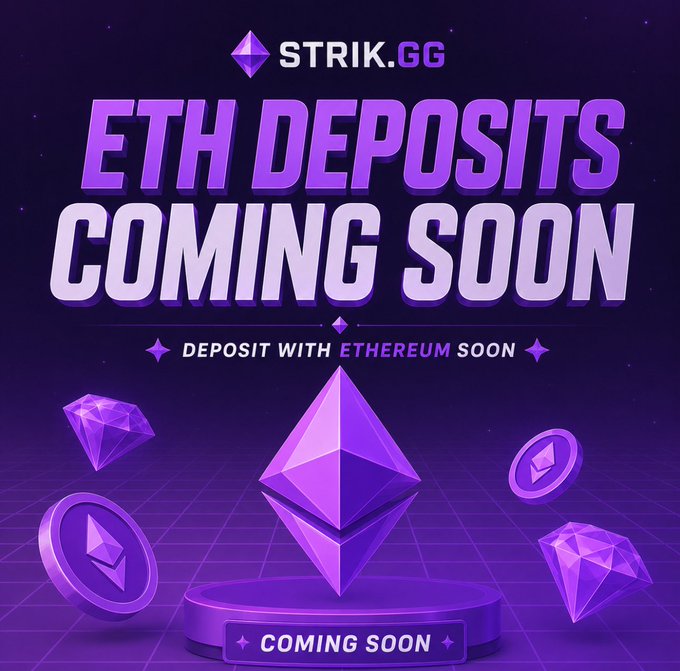 The image features a purple background with white text, announcing the arrival of new cryptocurrency deposits. The text reads "ETH deposits coming soon" and "deposit with etherium soon", indicating that new cryptocurrency deposits are expected to arrive soon. The image also includes several diamonds scattered around it, which could be used as a symbol for the new cryptocurrency or simply serve as decoration.