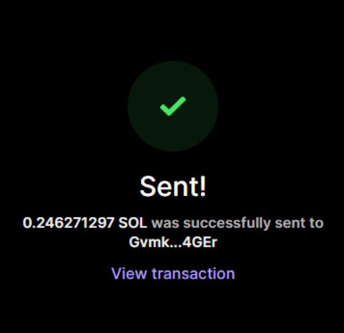 A dark-themed confirmation screen displays a green checkmark with the text "Sent!" confirming that 0.246271297 SOL was successfully sent to the address "Gvmk...4GEr," with a "View transaction" link below. This screenshot serves as visual proof supporting the post's claim of rewarding active followers with SOL to their wallet addresses.