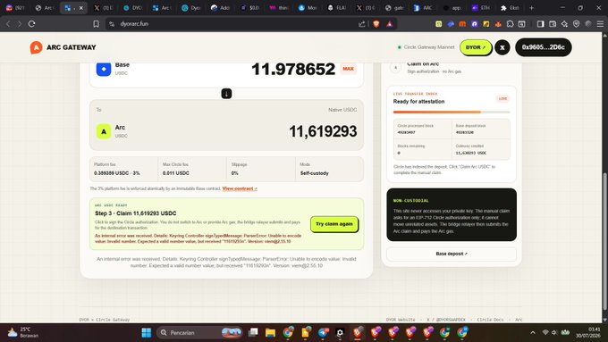 A screenshot of the Arc Gateway interface on diyanac.fun showing a token swap from USDC to Arc with a claim button for 11.619293 USDC.