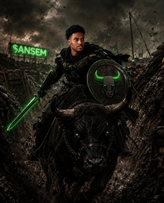 A fantasy-style digital artwork of a warrior riding a black bull, holding a glowing green sword and a shield with a green horned animal emblem, in a dark battlefield setting with '$ANSEM' displayed in green neon text.
