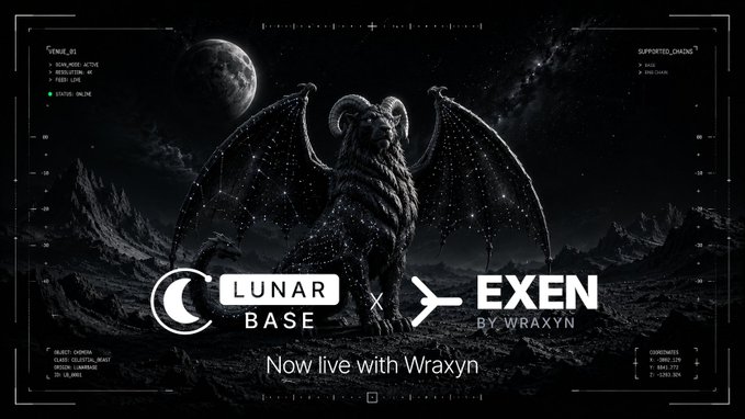 A promotional banner for 'LUNAR BASE x EXEN BY WRAXYN' featuring a dramatic black and white illustration of a winged ram-like creature, with text announcing it is 'Now live with Wraxyn'.