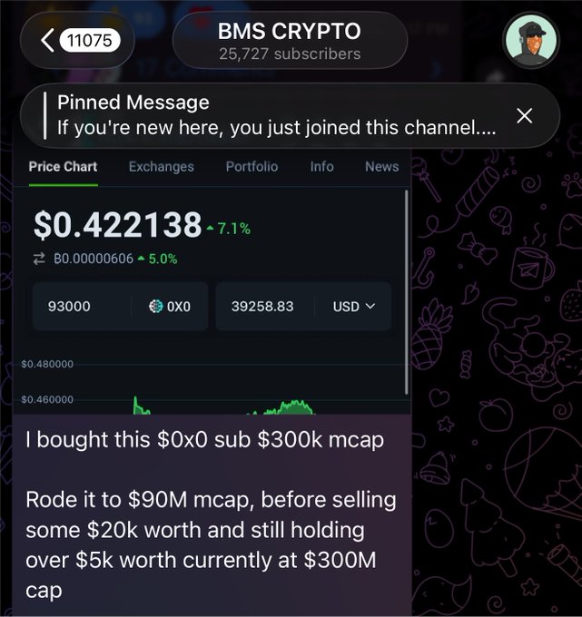 A Telegram channel "BMS CRYPTO" (25,727 subscribers) shows the price of token $0x0 at $0.422138 (up 7.1%), alongside a testimonial from someone who claims to have bought the token at a $300k market cap and ridden it to $90M, currently holding over $5k worth at $300M cap.