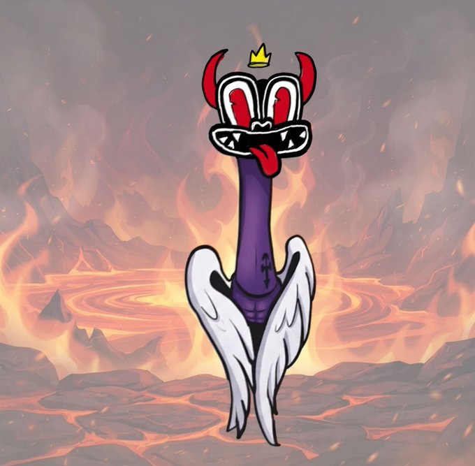 A cartoon illustration shows a devilish creature with a wide, toothy grin, red horns, a small yellow crown, a long purple neck, white wings, and a red tongue, standing against a fiery, hellish background of flames and molten rock.
