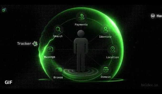 A digital graphic showing a human figure surrounded by a green shield bubble with labels for Payments, Identity, Location, Domain, Browse, Message, Search, and a Tracker icon, representing digital privacy.