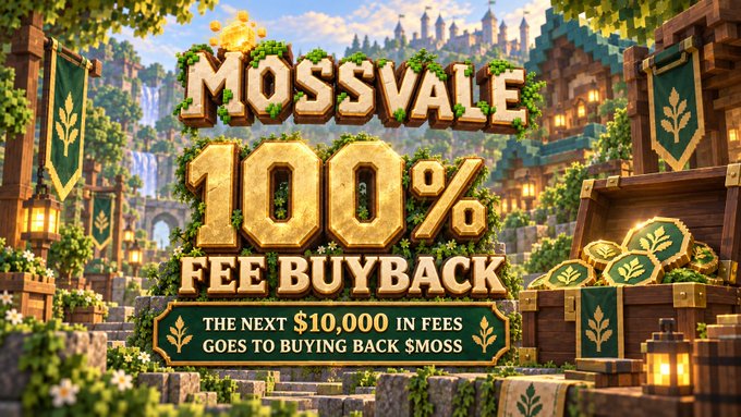 A promotional graphic for 'MOSSVALE 100% FEE BUYBACK' stating 'THE NEXT $10,000 IN FEES GOES TO BUYING BACK $MOSS', designed in a fantasy/medieval style with treasure chests of gold coins.