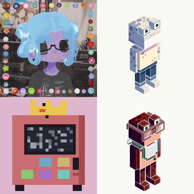 A four-panel collage featuring an anime-style blue-haired character with app icons bordering the image, a Minecraft-style sheep character, a pixelated Tamagotchi-like device with a crown, and a Minecraft character with a chocolate-themed outfit.