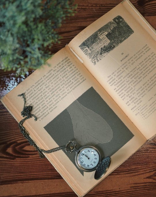 An open vintage book with aged yellowed pages lying on a wooden surface, featuring illustrations and Czech text. A silver pocket watch on a chain rests on the left page, and green pine branches are visible in the upper left corner.