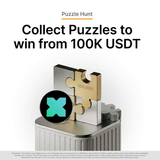 The image is a promotional banner for Bybit's "Puzzle Hunt" campaign, featuring golden puzzle pieces and the teal "x" logo, with the headline "Collect Puzzles to win from 100K USDT" inviting users to complete trading missions for a chance to share in the $100,000 prize pool.