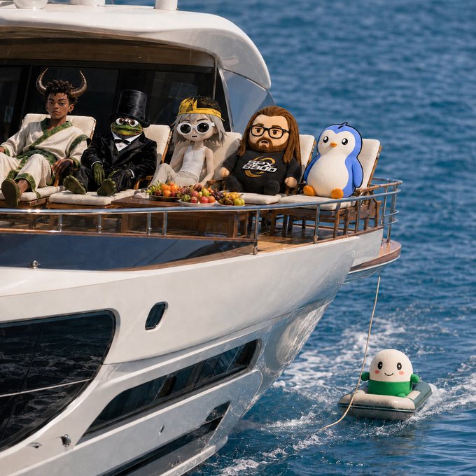 A diverse group of quirky characters, including a horned figure, a frog in a top hat, a panda, and a penguin, lounge on the deck of a luxury yacht labeled "Mock," while a small smiling egg character in a life vest floats behind in the water being towed on an inflatable tube, humorously captioned "don't worry about me guys…"