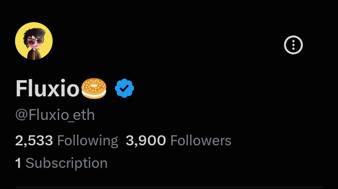 A Twitter/X profile screenshot for "Fluxio 🍩 ✅" with handle @Fluxio_eth, showing a yellow avatar of a character with sunglasses, 2,533 Following, 3,900 Followers, and 1 Subscription.