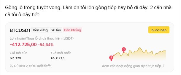 A screenshot of a BTCUSDT short position showing an unrealized loss of -412,725.00 USDT (-84.64%) at an entry of 62,320 and current price of 65,071.5, with the trader's desperate message above asking whether to hold or cut losses on his leveraged position backed by two houses.