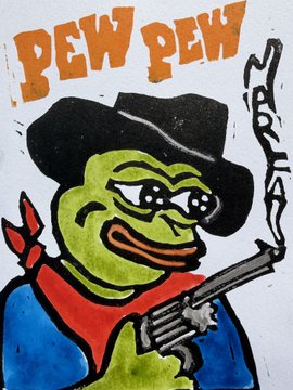 An illustration of a green cartoon frog (pepe) dressed as a cowboy with a black hat, red bandana, and holding a smoking revolver, with the text 'PEW PEW' above.