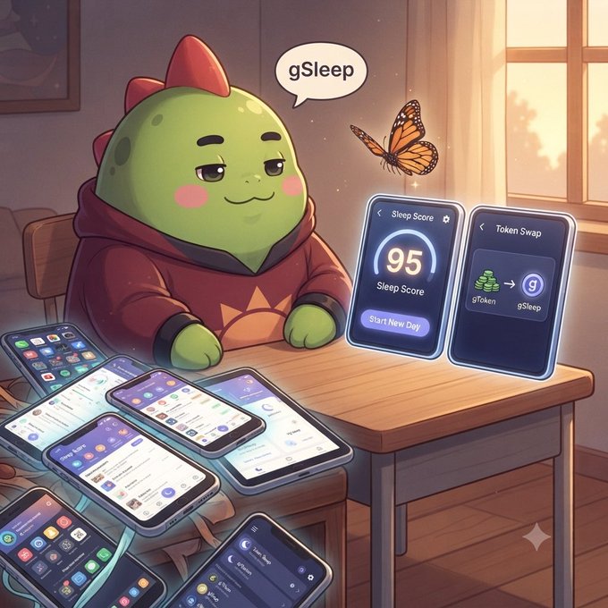 A cute cartoon dinosaur character sits at a desk with multiple smartphones, with speech bubble text 'gSleep' and screens showing 'Sleep Score 95' and 'Token Swap' features.