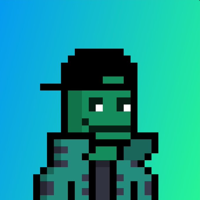 A pixel art character of a person with dark hair and greenish skin wearing a hooded jacket, set against a teal-to-blue gradient background.