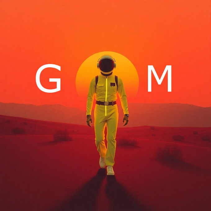 A stylized graphic featuring an astronaut in a yellow suit walking on a red landscape with a large sun behind them, flanked by the white letters 'G' and 'M'.