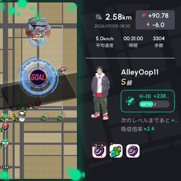 Mobile game screenshot dated 2026/07/05 08:35 showing player "AlleyOop11" (S級) at a GOAL with 90.78 points, 5.0 km/h, and 3304 steps.