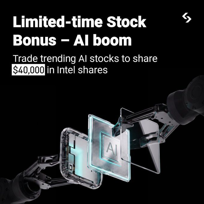 Promotional graphic on a black background featuring two robotic arms holding an "AI" chip, with text reading "Limited-time Stock Bonus – AI boom: Trade trending AI stocks to share $40,000 in Intel shares," advertising Bitget's $40,000 $rINTC reward giveaway for trading tokenized AI stocks from August 24–31.