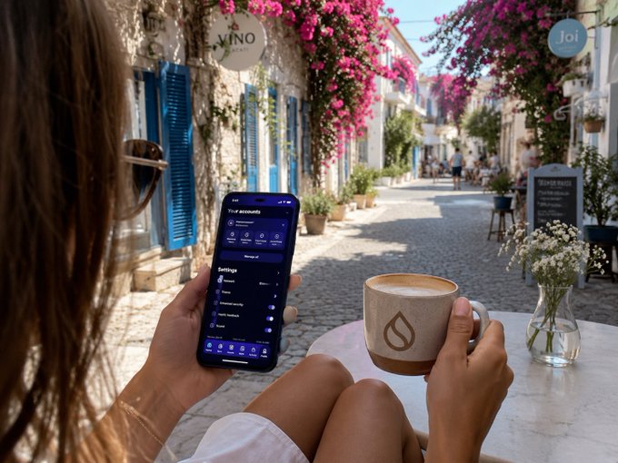 A person relaxes at an outdoor café holding a coffee cup and a smartphone displaying an account settings screen, with 'Joi' visible on a sign nearby.