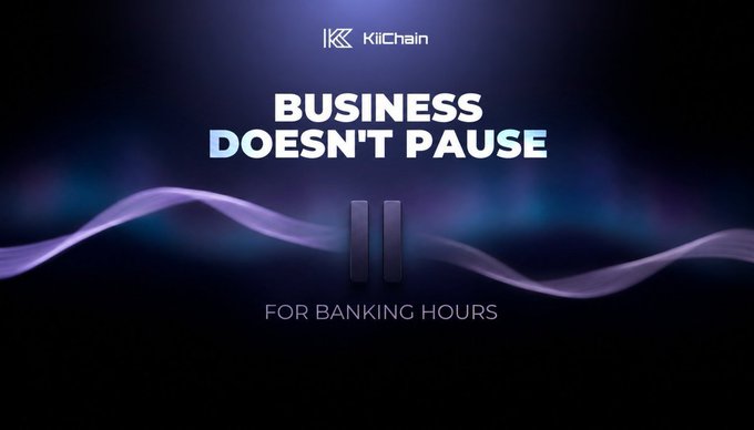 A dark purple and blue gradient advertisement for "KiChain" with the text "BUSINESS DOESN'T PAUSE FOR BANKING HOURS" in bold white letters, featuring a purple pause symbol.