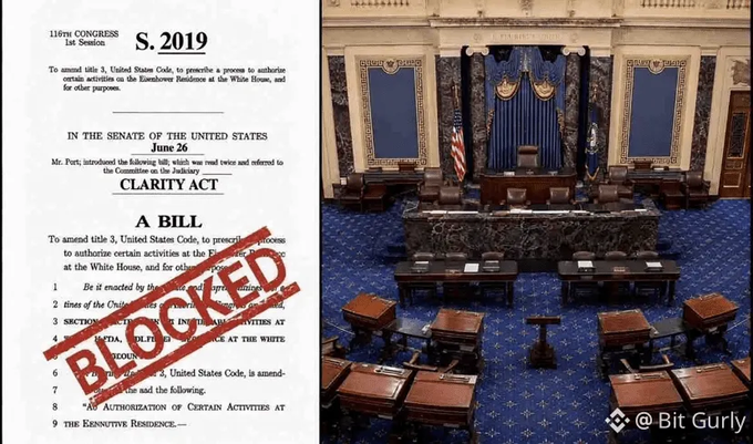 A composite image showing a 'BLOCKED' stamp over a US Senate bill 'S. 2019 CLARITY ACT' on the left, and the empty US Senate chamber on the right, credited to '@Bit Gurly'.