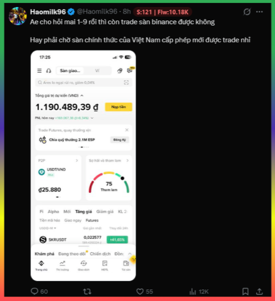 A Twitter/X post from Haomik96 (@Haomik96) in Vietnamese asking about trading on Binance, featuring a screenshot of a crypto app showing USDT/VND trading pair at ₫25,880 with a balance of 1,190,489.39 ₫.