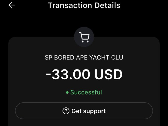 A screenshot of a successful transaction showing a purchase of "SP BORED APE YACHT CLUB" for -33.00 USD, likely shared as proof of the user's new Bored Ape bag purchase.