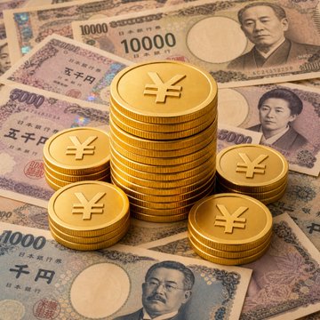 A stylized image shows stacks of gold yen coins marked “¥” over Japanese banknotes displaying “1000” and “10000.” It visually represents the yen stablecoin payment initiative described in the post, which concerns cross-border transactions between South Korea and Japan.