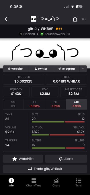 A mobile screenshot of a cryptocurrency tracking app showing the gib/WHBAR token on the Hedera network via SaucerSwap, with a price of $0.002925, market cap of $2.8M, and 24-hour trading volume of $2.6K.