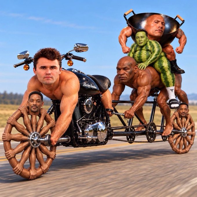 A surreal image features the heads of actors like Will Smith and The Rock superimposed onto muscular bodies riding a Harley-Davidson motorcycle, with Martin Luther King Jr.'s head appearing on the wheels.
