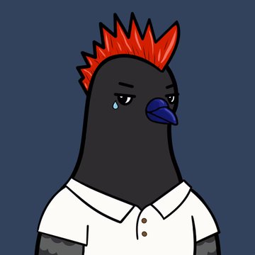 A cartoon illustration of a black bird with a red spiky mohawk wearing a white polo shirt, with a single tear running down its cheek against a dark blue background.
