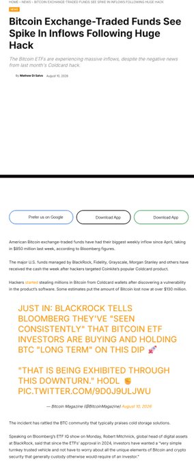 A news article titled 'Bitcoin Exchange-Traded Funds See Spike in Inflows Following Huge Hack' by Mathee Di Santo, August 10, 2026, discussing $850 million in weekly inflows.