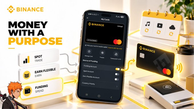 A Binance promotional graphic with the tagline 'MONEY WITH A PURPOSE,' showing a smartphone with a virtual Binance card, alongside feature icons for 'SPOT TRADE,' 'EARN FLEXIBLE,' and 'FUNDING SPEND.'