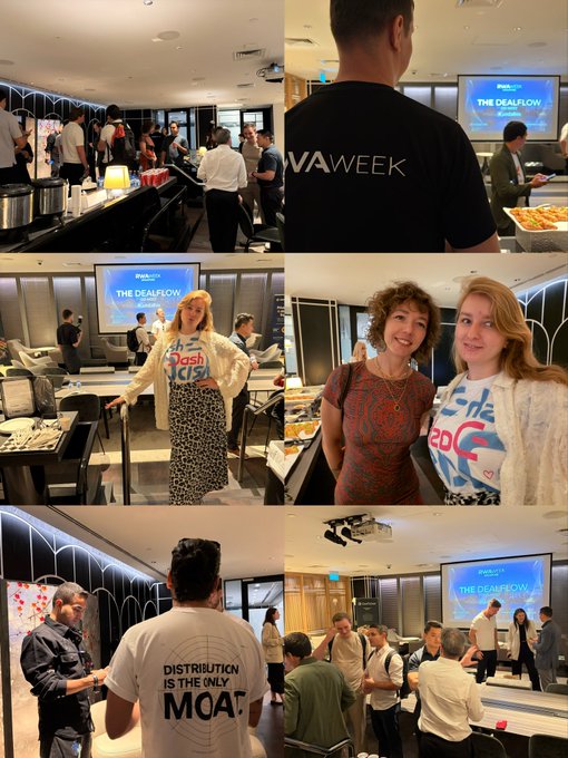 A collage of photos from a 'DEALFLOW' networking event, showing attendees mingling, with one person wearing a 'DISTRIBUTION IS THE ONLY MOAT' t-shirt and another with a 'INNOVATE WEEK' shirt.