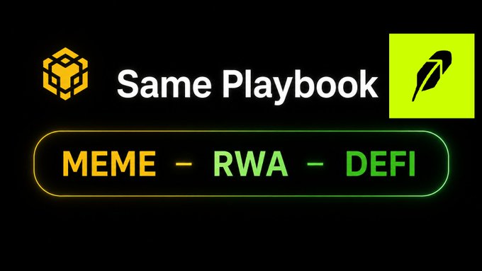A black graphic with the text 'Same Playbook' flanked by a yellow Binance and green feather logo, with a banner below reading 'MEME - RWA - DEFI'.