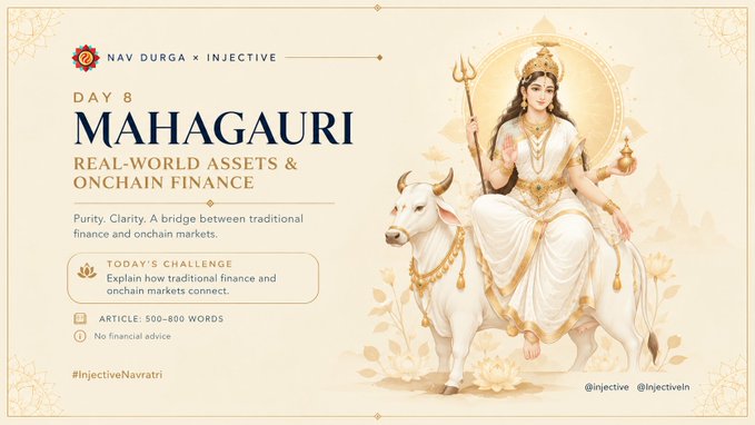 A promotional graphic for 'Nav Durga x Injective, Day 8: Mahagauri' featuring an illustration of a Hindu goddess riding a white bull, focused on the theme of 'Real-World Assets & Onchain Finance'.