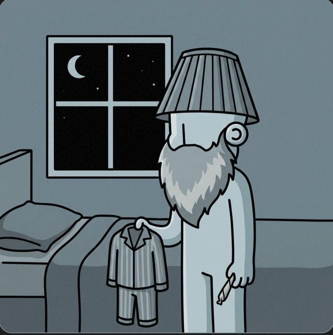 A minimalist cartoon of a bearded figure with a lampshade on their head holding striped pajamas in a dimly lit bedroom at night.