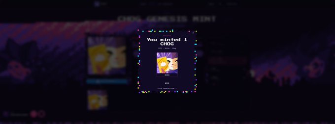 A screenshot showing a successful mint of a "CHOG" NFT from Chog Genesis.
