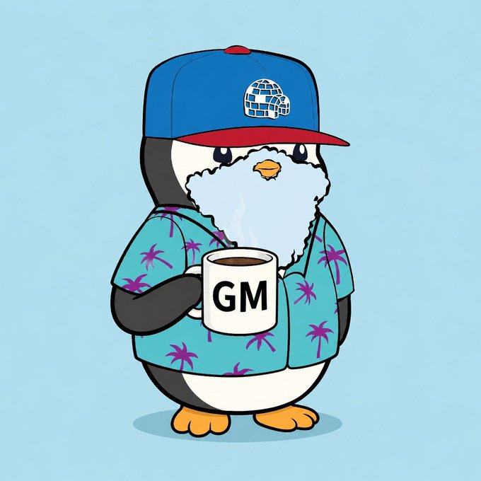 A cartoon penguin wearing a blue and red cap with a Death Star logo and a turquoise Hawaiian shirt featuring pink palm trees, holding a white mug labeled 'GM'.