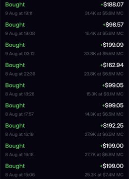 A list of multiple "Bought" transactions ranging from +$98.57 to +$199.09, with market caps between $5.6M MC and $6.5M MC, dated between August 8–9. The image supports the post's call for an active crypto CT (Crypto Twitter) culture, showing a series of mid-cap token buys (likely $STONK, $MANLET, and $GTA6) taken in response to creator investment theses.