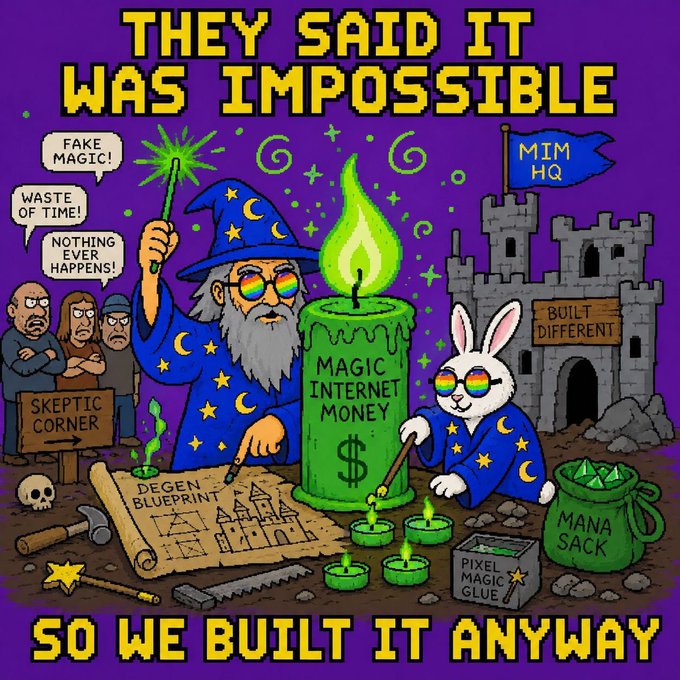 A pixel-art wizard and a white rabbit wearing sunglasses work together at a "MIM HQ" castle, conjuring a large green candle labeled "MAGIC INTERNET MONEY $" while skeptics in the "SKEPTIC CORNER" dismiss them with cries of "FAKE MAGIC!" and "WASTE OF TIME!" — visually reinforcing the post's theme of Magic Internet Money ($MIM) being a "spell" outsiders call impossible, as proclaimed by the text "THEY SAID IT WAS IMPOSSIBLE" and "SO WE BUILT IT ANYWAY."