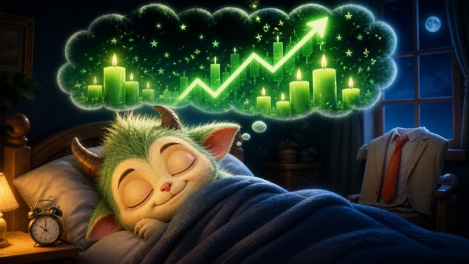 A whimsical digital artwork of a small, green, horned creature sleeping in bed, with a glowing green thought bubble above it depicting a rising stock chart surrounded by stars and green candles.