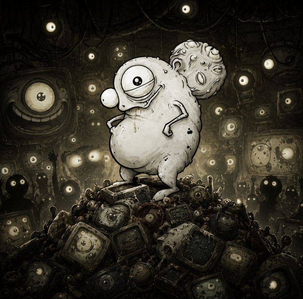 The illustration depicts a bizarre, pale cyclops creature with a lumpy body standing atop a mountain of broken, grinning televisions and eyes in a dark, surreal void. The eerie, glitchy atmosphere visually echoes the post's description of $BLORP, a quirky Solana meme coin "walking through lost memes, dead trends, and broken charts," embodying the absurd, half-broken, undead energy of a meme refusing to die.