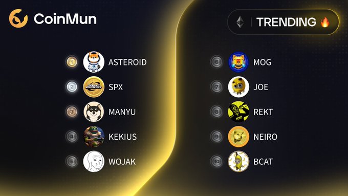 A 'CoinMun' trending chart listing top meme coins, with the top five being ASTEROID, SPX, MANYU, KEKIUS, and WOJAK.
