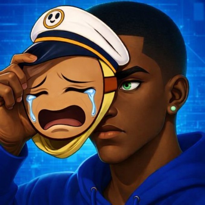 A digital artwork of a young man in a blue hoodie holding up a crying cartoon mascot mask to reveal his serious face with green eyes.