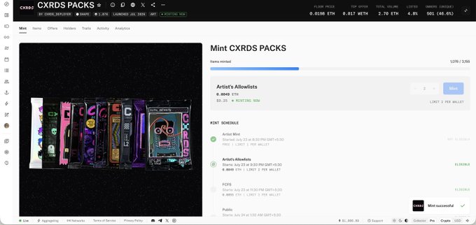 The image shows the "Mint CXRDS PACKS" page on a website, with various CXRDS packs displayed and minting details including "Artist's Allowlists" and a mint schedule. The page indicates 1,076 out of 3,366 items have been minted.