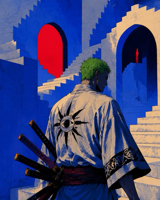 An anime-style illustration of a green-haired character viewed from behind, wearing a white robe with an eye emblem on the back, carrying three swords, set against blue architecture with a red archway.