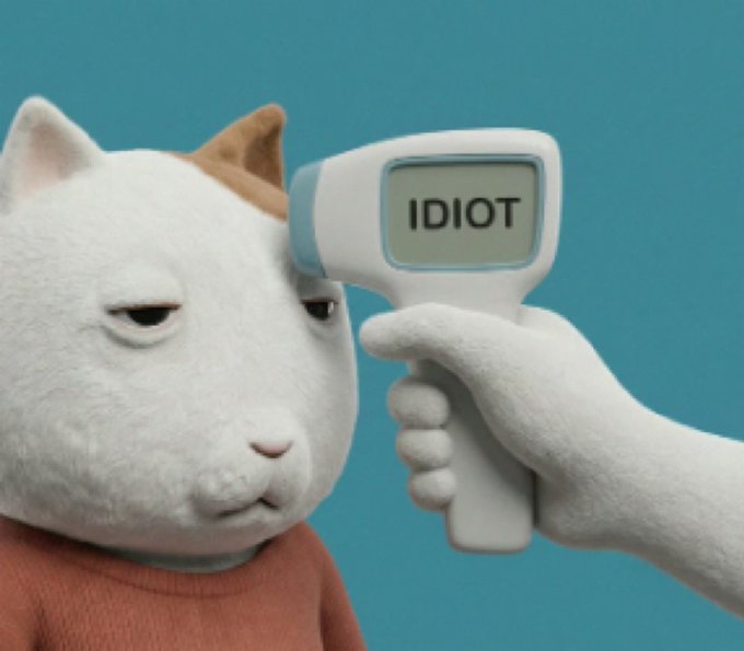 A 3D-rendered image of a white cat with a disapproving expression being scanned by a handheld device displaying the word "IDIOT."