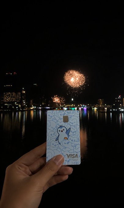 A hand holding a VISA credit card with a cute blue character design, set against a nighttime cityscape with fireworks over water.